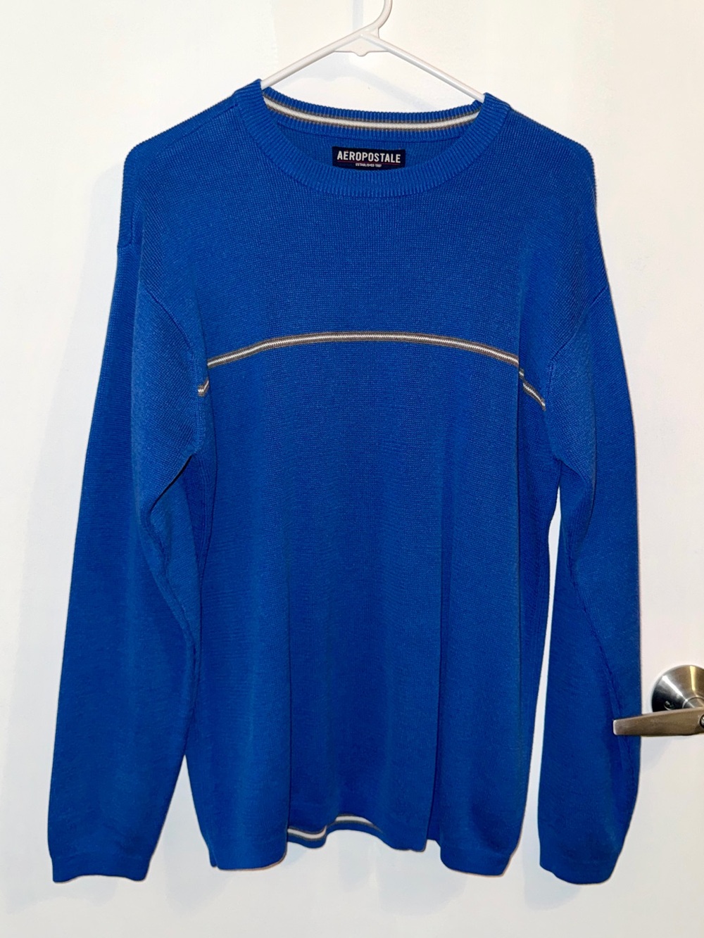VintageAeropostale Men's Bright Blue Crewneck Sweater with Stripe Y2K Small